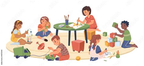 Kindergarten kids playing and studying, isolated children drawing and ...