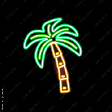 Neon Sign Of Palm On Black Background Fluorescent Tropical Tree Symbol