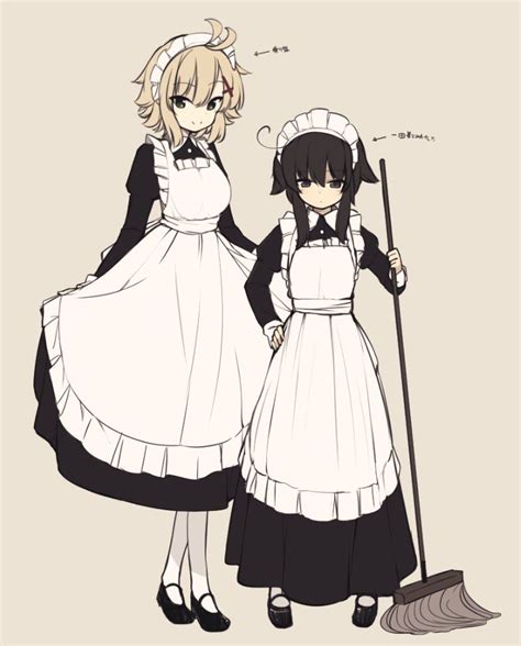 Girls Ahoge Alternate Costume Apron Bangs Black Eyes Black Hair Blonde