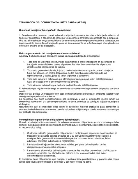 Terminacion Contrato Justa Causa Ejemplos Art 62 Terminacion Del Contrato Con Justa Causa Art