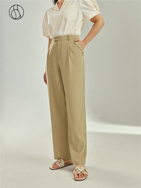 Dushu Slightly Fat Lady High Waist Button Full Length Commuter Trousers Straight Wide Leg Pants