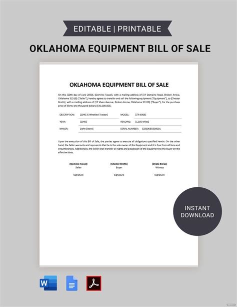 Oklahoma Bill Of Sale For Car Form Template In Pdf Word Google Docs