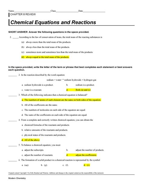 10253206 - Modern Chemistry Chapter Chemical Equations Reactions