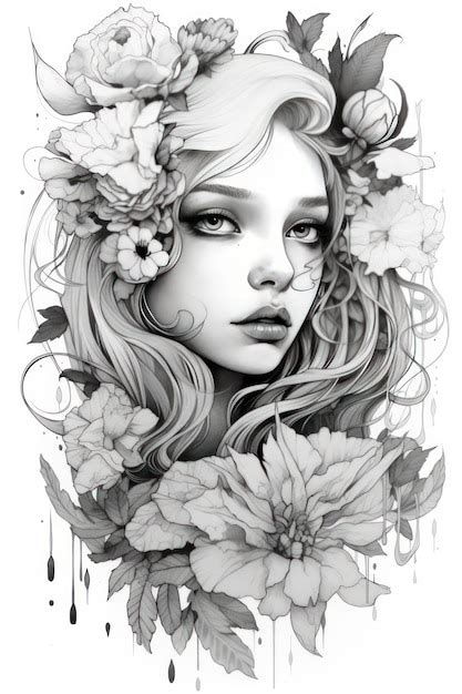 Un Dibujo En Blanco Y Negro De Una Mujer Con Flores En La Cabeza Foto