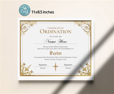 Pastor Ordination Certificate Template, Editable Certificate of ...