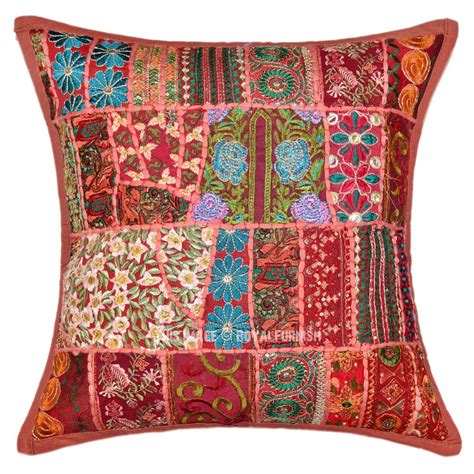 Brown Unique Multi Embroidered Patchwork Accent Pillow Case X