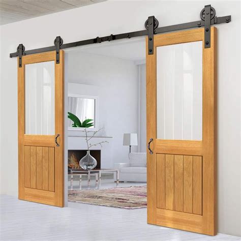 Thruslide Traditional Thames Half Light Oak Sliding Double Door Etched Clear Glass Lif