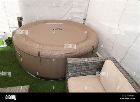 Inflatable Hot Tub In Garden Gazebo Stock Photo Alamy