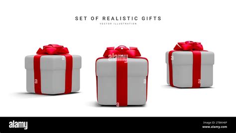 Set Of 3d Realistic Gift Boxes With Redribbon Isolated On White