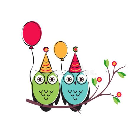 Vector Cute Owls Couple With Balloons On The Tree Branch Isolated