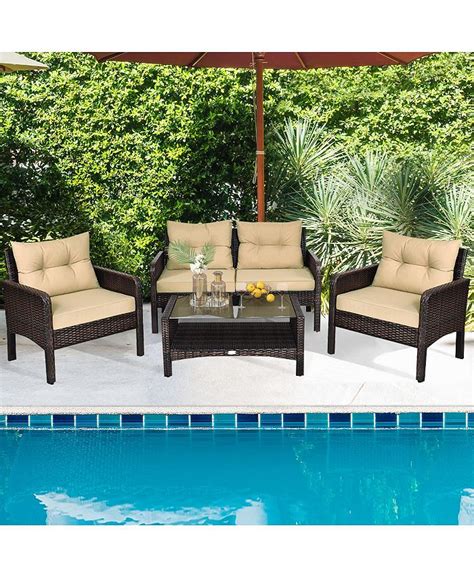 Gymax 4pcs Rattan Wicker Patio Conversation Set Cushioned Outdoor