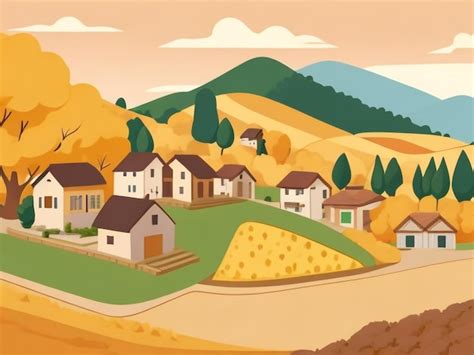 Charming Italian Village Whimsical Cartoon Landscape Drawing Premium