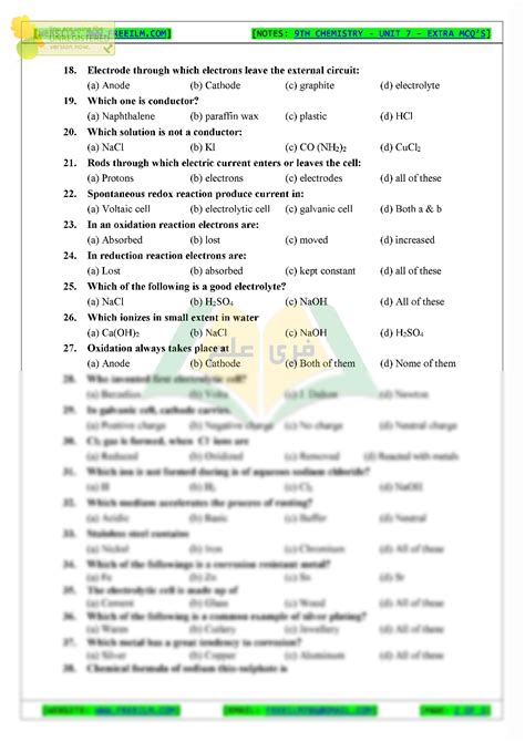 SOLUTION Chem Electrochemistry Mcqs 9thclass Ch7 Studypool