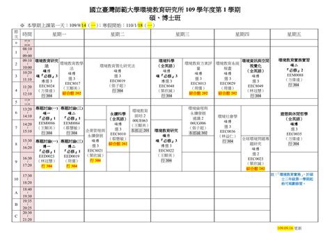 109學年度第1學期課表（草案） 國立臺灣師範大學永續管理與環境教育研究所