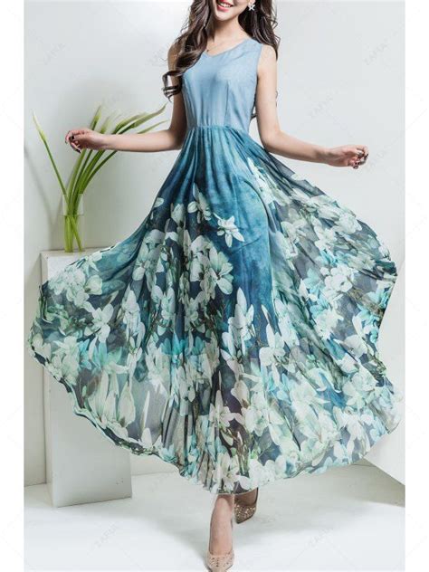 31 Off 2021 Floral V Neck Maxi Chiffon Flowy Dress In Light Blue Zaful