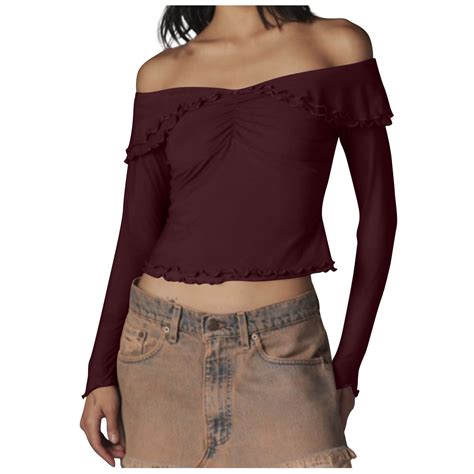 XFLWAM Women S Off Shoulder Lettuce Trim Crop Tops Sexy Long Sleeve