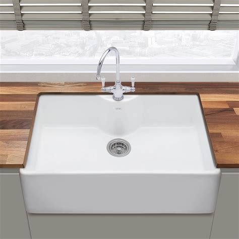 Thomas Denby Legacy Belfast 1 Bowl Gloss White Ceramic Kitchen Sink With Tap Ledge 795 X 500mm