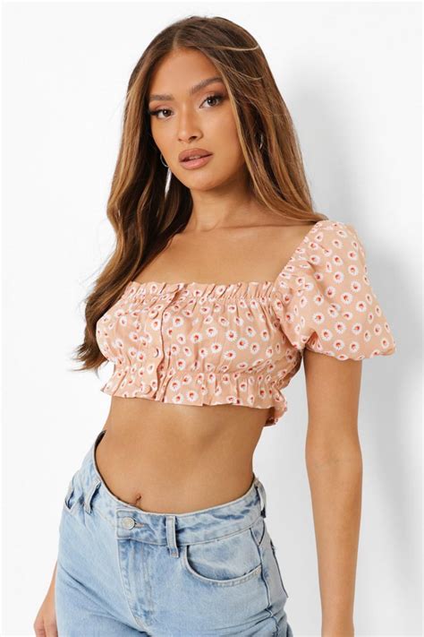 Puff Sleeve Floral Woven Crop Top Boohoo