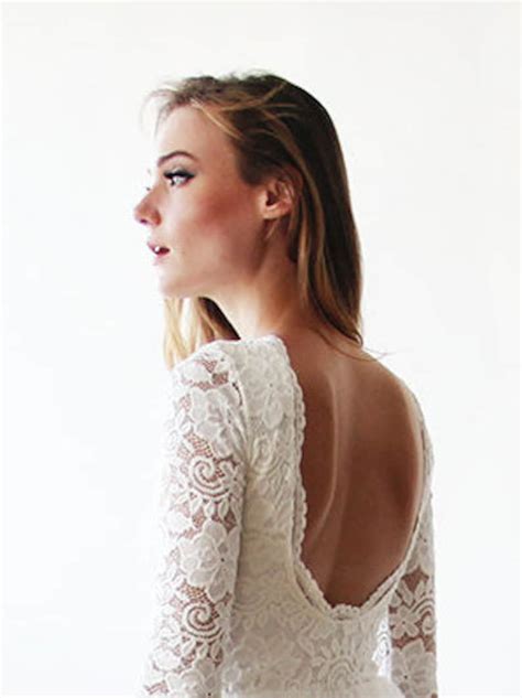 Ivory Open Back Wedding Dress Lace Three Quarters Sleeves Etsy