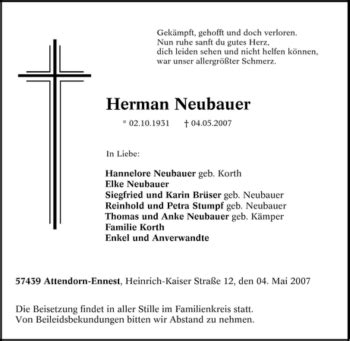 Traueranzeigen Von Herman Neubauer Trauer In NRW De