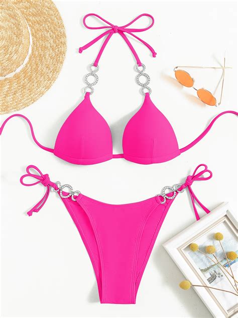 SHEIN Swim SXY Rhinestone Ring Linked Bikini Set Halter Push Up Bra