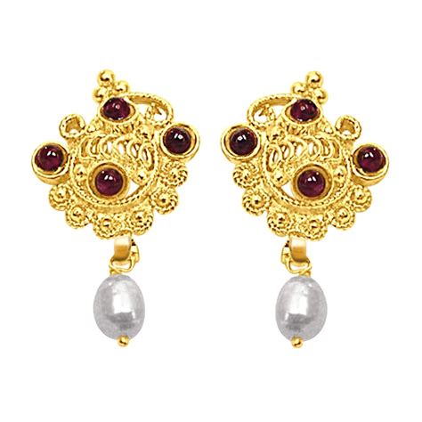 24kt Gold Plated Pearl And Garnet Earrings Surat Diamond