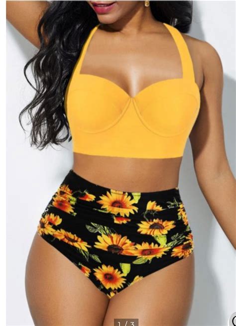 High Waist Cutout Back Halter Sunflower Print Bikini Set Macheplus