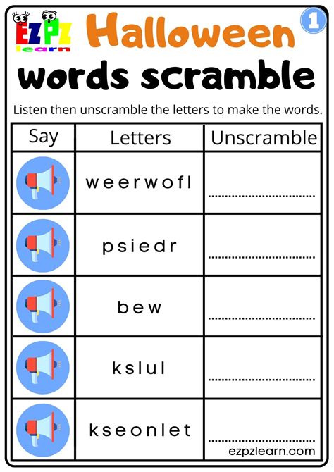 Halloween Holiday Vocabulary Listen Unscramble And Write The Words