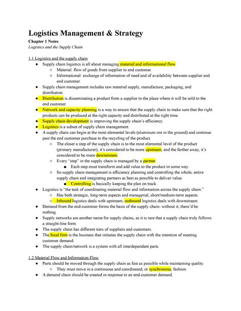 Chapter 1 Notes Logistics Management Strategy Chapter 1 Notes