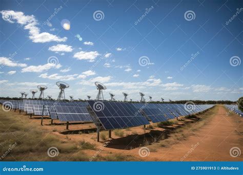 Solar Farm, with Rows of Panels and Turbines in the Background Stock ...