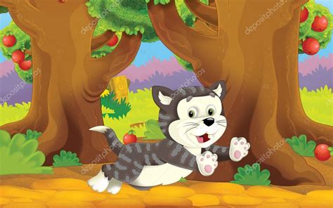 Cartoon Farm Scene With Animal Cat Illustration For Children Stock