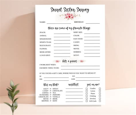 Secret Sister Questionnaire Get To Know You Template Secret Sister Survey All About Me Printable