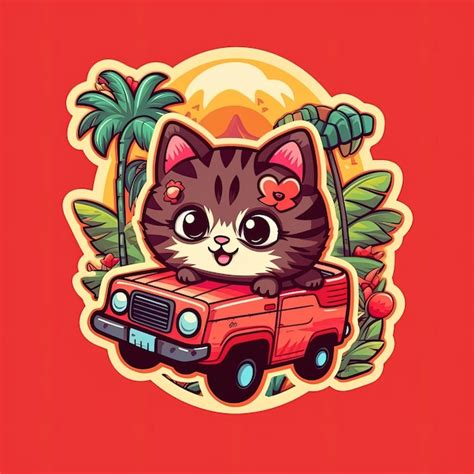 Lindo Gato De Dibujos Animados Conduciendo Un Coche Foto Premium