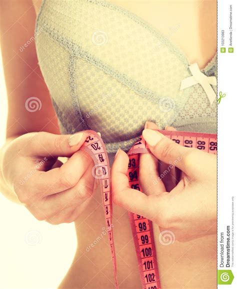 Woman In Bra Lingerie Measuring Her Chest Breasts Stock Image Image