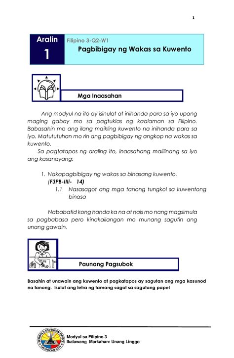 Filipino 3 Q2 Week 1 Modyul Sa Filipino 3 Aralin 1 Filipino 3 Q2 W Pagbibigay Ng Wakas Sa
