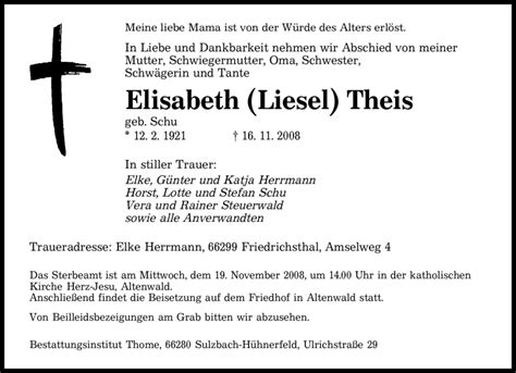 Traueranzeigen Von Elisabeth Theis Saarbruecker Zeitung Trauer De