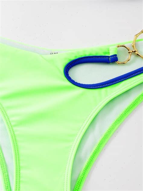 SHEIN Swim Vcay Two Tone Bikini Set Ring Linked Cut Out One Shoulder