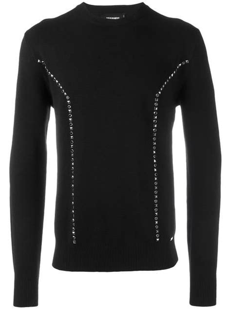 Dsquared2 Stud And Gem Embellished Wool Sweater In Black Modesens