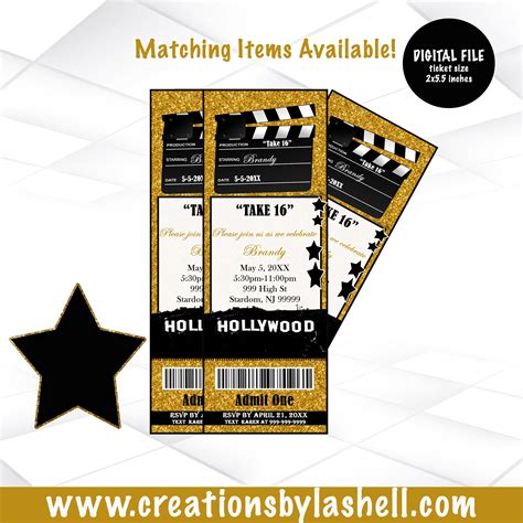 Hollywood Ticket Invites Hollywood Theme Ticket Invitation Template Ticket Invitations Digital ...