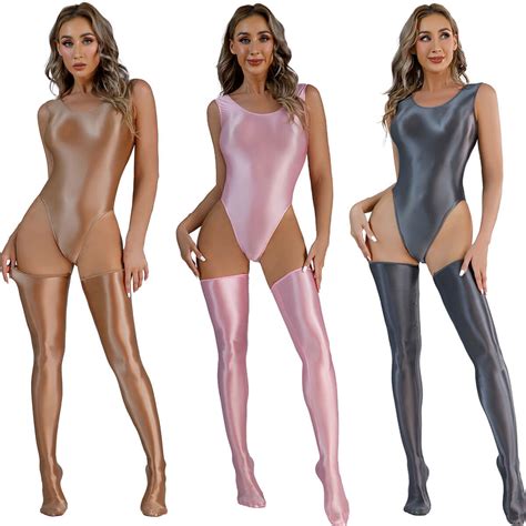 Women Sleeveless Oil Shiny Glossy Bodysuit High Cut Leotard Thigh Highs Lingerie EBay