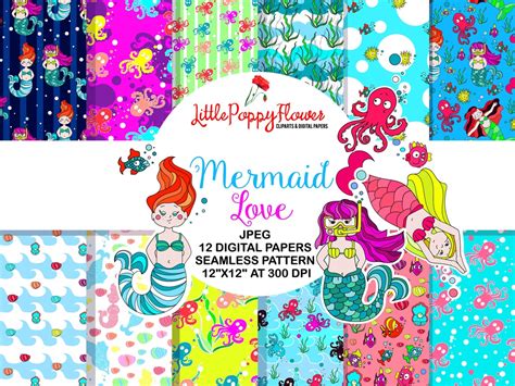 Mermaid Digital Paper Pack Scrapbook Papers Scrapbooking Kit Digital