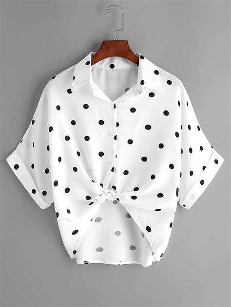 White Polka Dot Knot Front Cuffed Blousefor Women Romwe