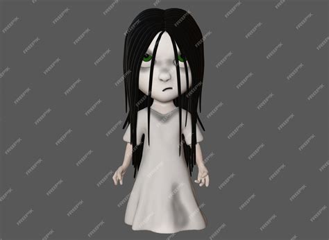 Chica De Terror De Personaje De Dibujos Animados De Miedo Con Renderizado 3d De Cabello Negro