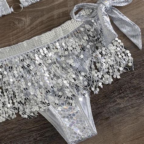 Sequin Bikini Piece Set Co Ord Silver Sequin Depop