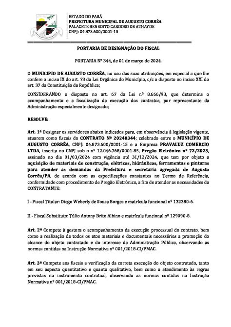 Portaria De Fiscal De Contrato Assinada Prefeitura Municipal