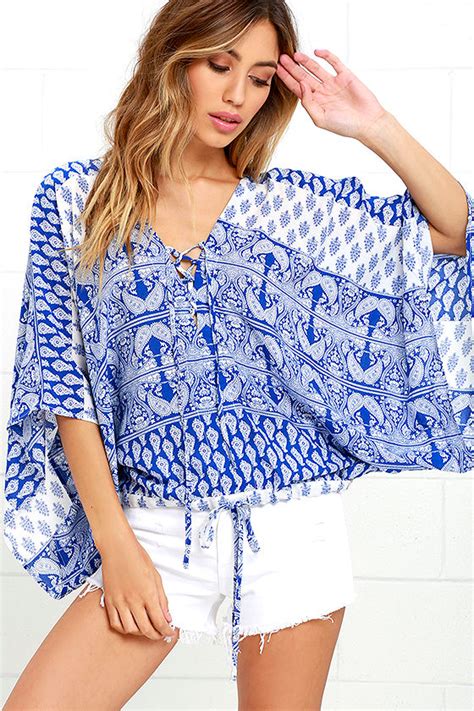 Cute Ivory And Blue Top Paisley Print Top Lace Up Top 3800 Lulus