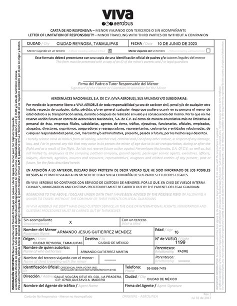 Formato Viva Aerobus Farmato Viaje Menor Signature Of The Parent Or