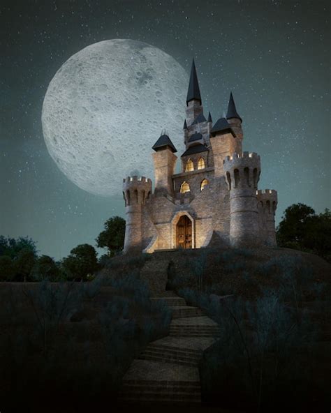 Castillo Con Luna Llena En El Cielo Nocturno Foto Premium