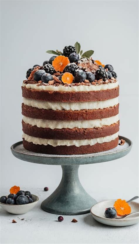 Elegant Naked Cake With Berries And Edible Flowers On A Rustic Stand Stock Image Image Of