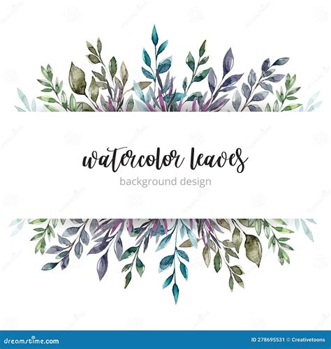 Watercolor Hand Painting Horizontal Banner With Green Leaves And